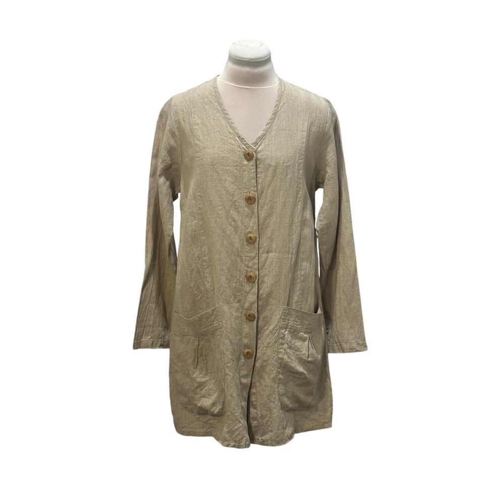 FLAX Tan LS Linen Tunic Mini Dress Button V-neck P Pockets Minimalist Lagenlook